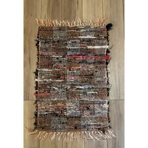 Handwoven Rag Rug Primitive Folk Art Scrap Fabric Woven Runner 24x40